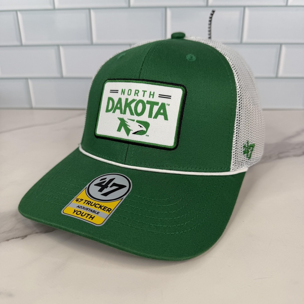 North Dakota Fighting Hawks Trucker Hat Cap Snap Back Youth Green White 47 NWOT